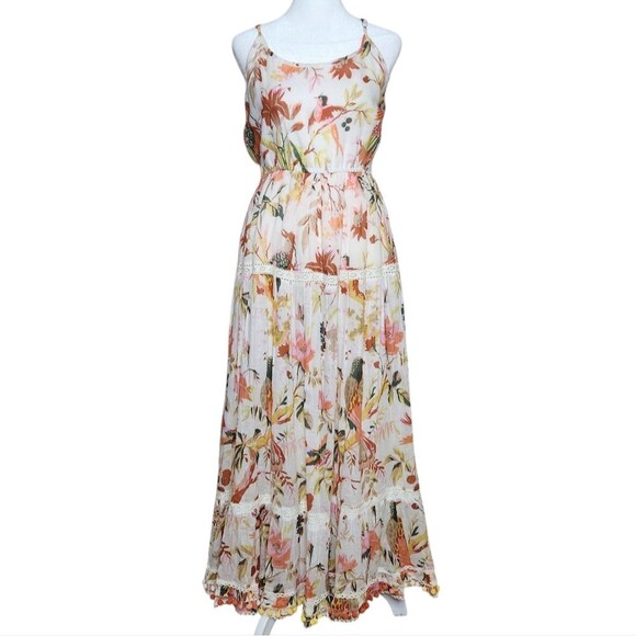 Ranee's Tropical Print Sleeveless Maxi Dress Tiered Pom Pom Trim Women's S/M - Picture 2 of 14